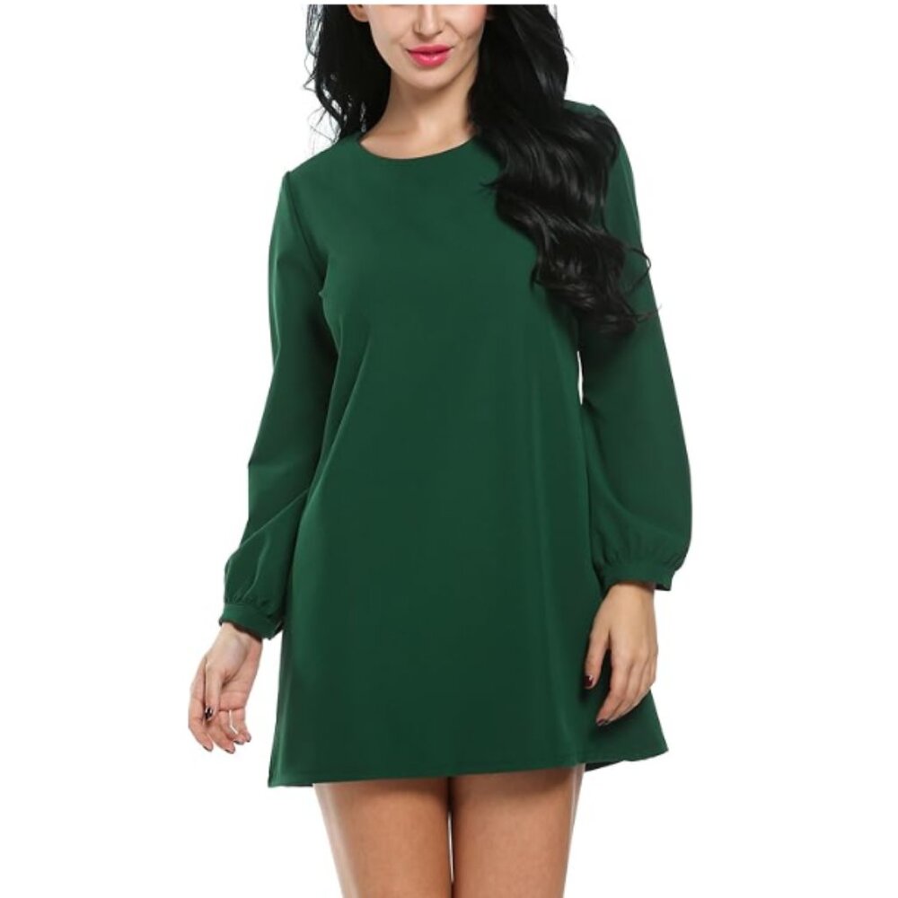 Women's Dark Green Long Sleeve Shift A-Line Retro 1960s Cocktail Party Dress